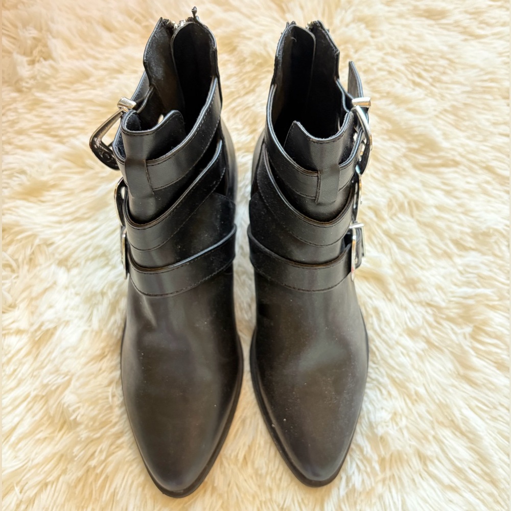 Women’s Black Pointed Leather Buckle Ankle Boots Ladies Size 6